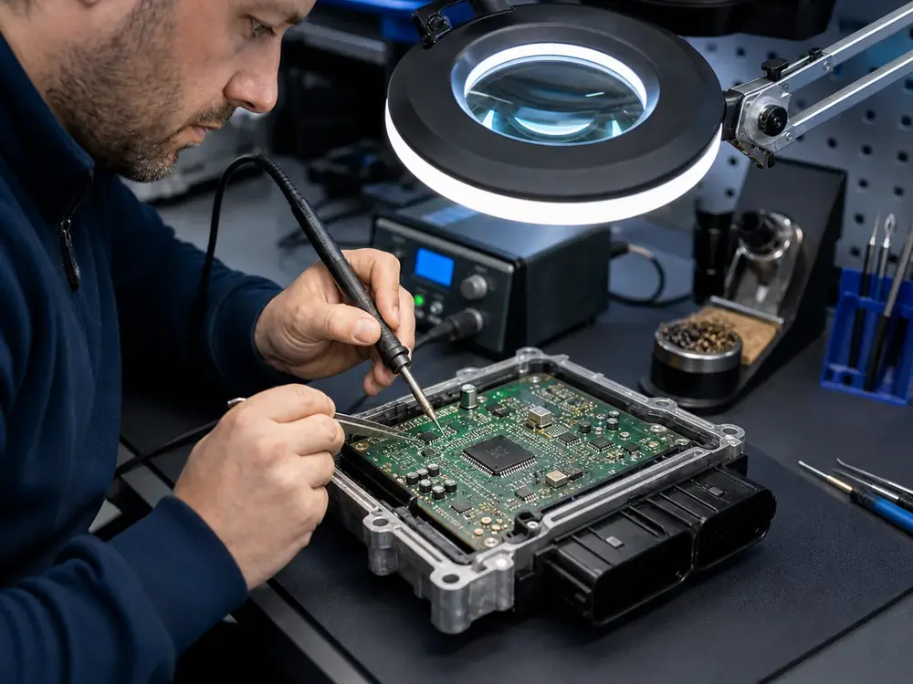 Oprava otevřené řídicí jednotky ECU mikropájkou pod osvětlovací lupou